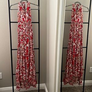 Hawaiian maxi dress front slit, halter, open back, pretty colors, tie neck